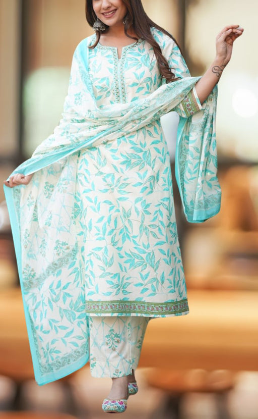 Off White/Sea Green Leafy Jaipur Cotton Kurti With Pant And Dupatta Set  .Pure Versatile Cotton. | Laces and Frills - Laces and Frills