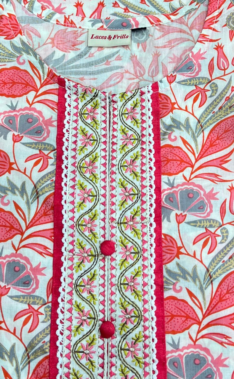 Off White/Peach Garden Jaipur Cotton Kurti With Pant And Dupatta Set  .Pure Versatile Cotton. | Laces and Frills - Laces and Frills