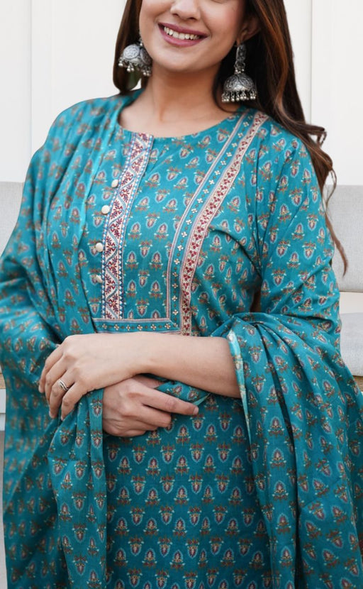 Teal Green Tiny Flora Jaipur Cotton Kurti With Pant And Dupatta Set  .Pure Versatile Cotton. | Laces and Frills - Laces and Frills