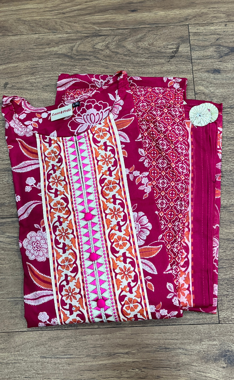 Rani Pink Flora Jaipur Cotton Kurti With Pant And Dupatta Set  .Pure Versatile Cotton. | Laces and Frills - Laces and Frills