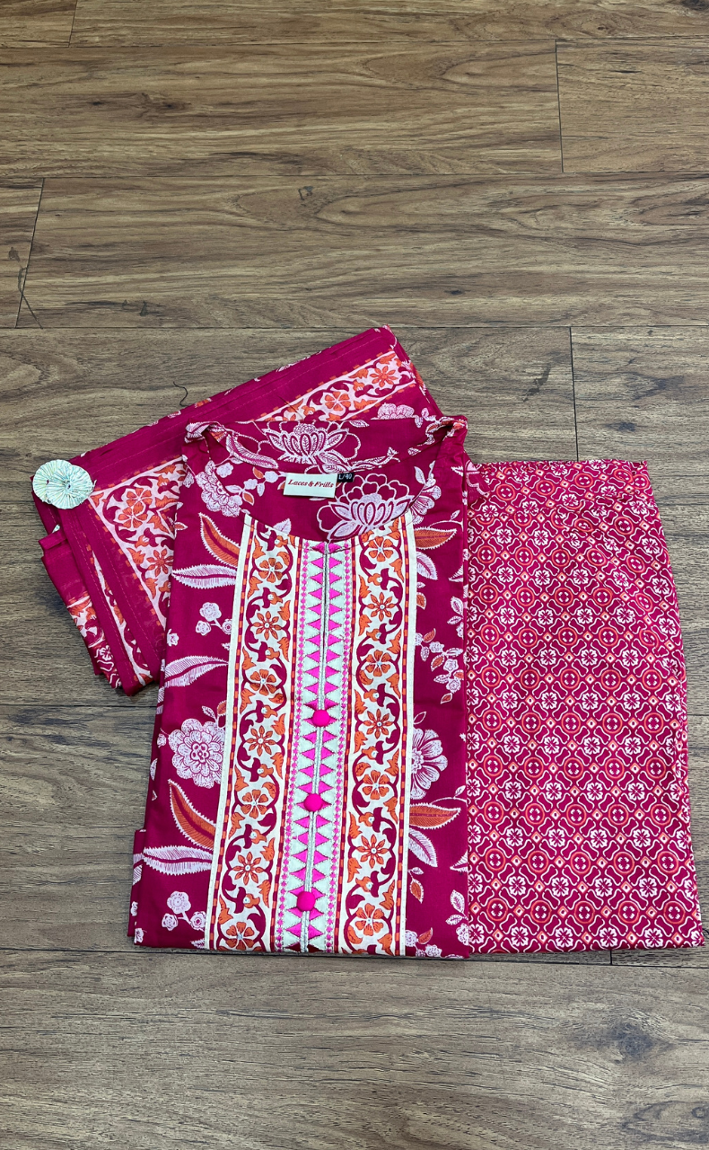Rani Pink Flora Jaipur Cotton Kurti With Pant And Dupatta Set  .Pure Versatile Cotton. | Laces and Frills - Laces and Frills