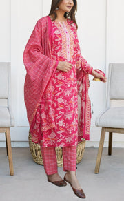 Rani Pink Flora Jaipur Cotton Kurti With Pant And Dupatta Set  .Pure Versatile Cotton. | Laces and Frills - Laces and Frills