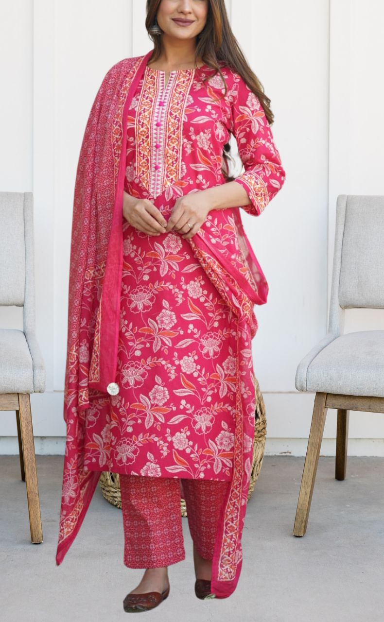 Rani Pink Flora Jaipur Cotton Kurti With Pant And Dupatta Set  .Pure Versatile Cotton. | Laces and Frills - Laces and Frills