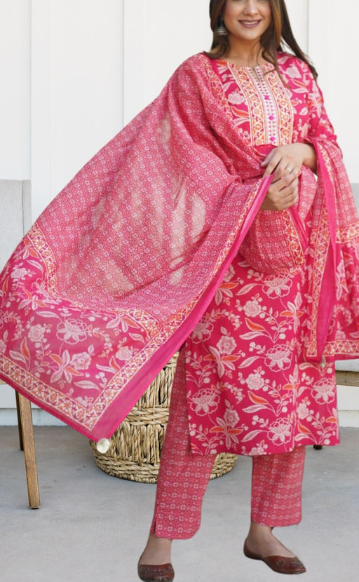 Rani Pink Flora Jaipur Cotton Kurti With Pant And Dupatta Set  .Pure Versatile Cotton. | Laces and Frills - Laces and Frills
