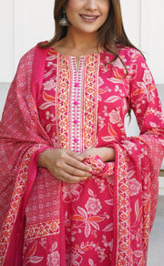 Rani Pink Flora Jaipur Cotton Kurti With Pant And Dupatta Set  .Pure Versatile Cotton. | Laces and Frills - Laces and Frills