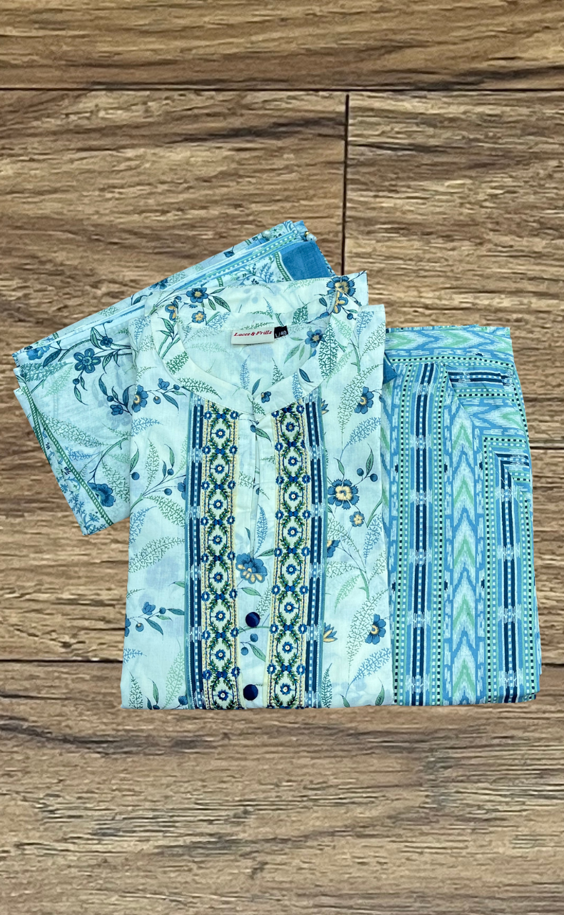 Off White/Light Blue Leafy Jaipur Cotton Kurti With Pant And Dupatta Set  .Pure Versatile Cotton. | Laces and Frills - Laces and Frills