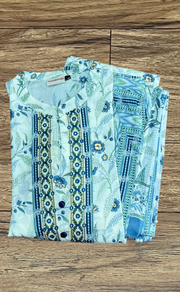 Off White/Light Blue Leafy Jaipur Cotton Kurti With Pant And Dupatta Set  .Pure Versatile Cotton. | Laces and Frills - Laces and Frills