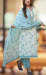 Off White/Light Blue Leafy Jaipur Cotton Kurti With Pant And Dupatta Set  .Pure Versatile Cotton. | Laces and Frills - Laces and Frills