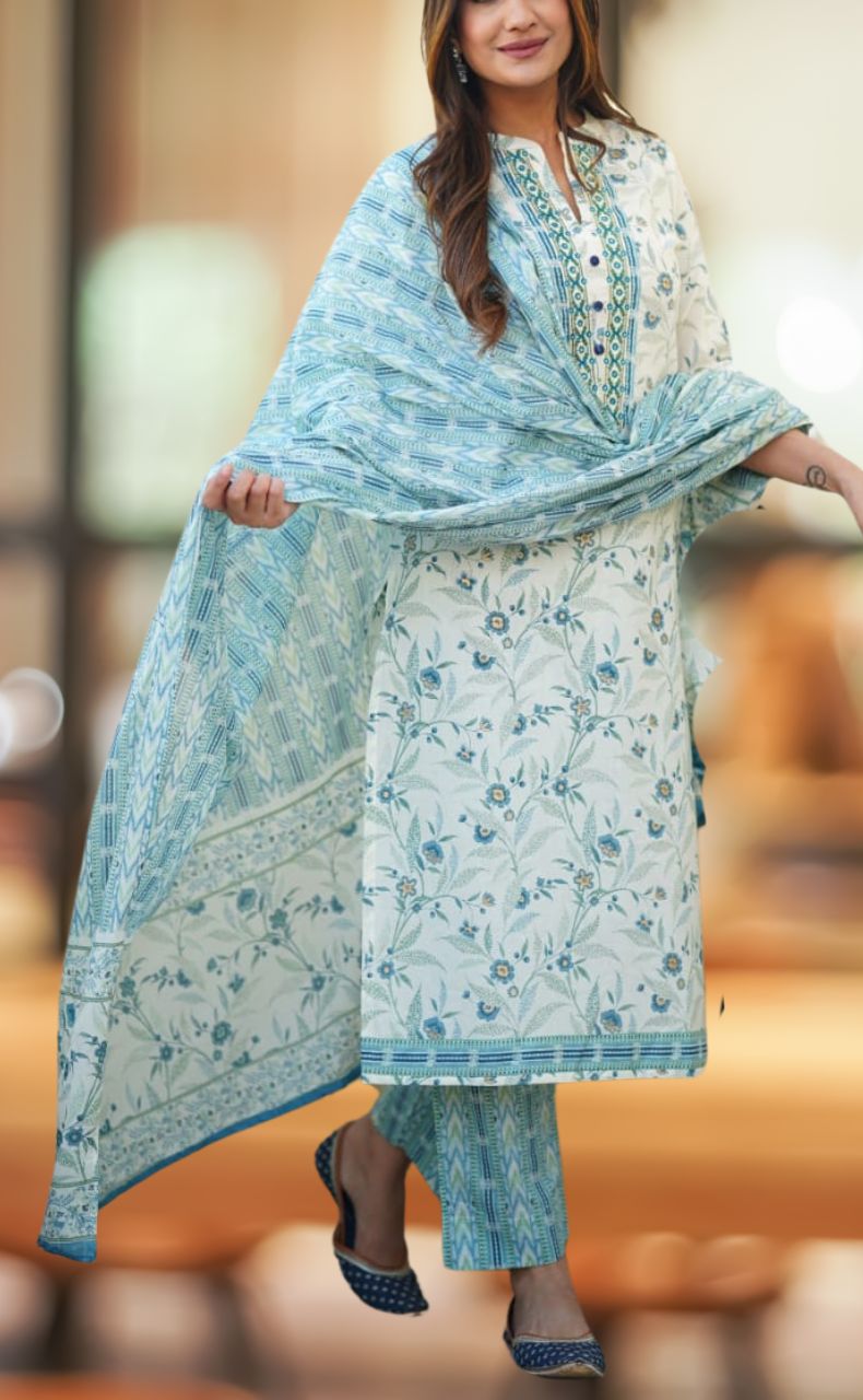Off White/Light Blue Leafy Jaipur Cotton Kurti With Pant And Dupatta Set  .Pure Versatile Cotton. | Laces and Frills - Laces and Frills