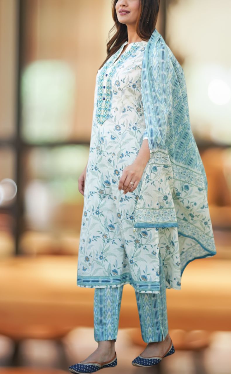 Off White/Light Blue Leafy Jaipur Cotton Kurti With Pant And Dupatta Set  .Pure Versatile Cotton. | Laces and Frills - Laces and Frills