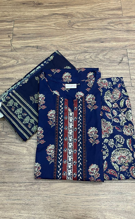 Navy Blue Flora Jaipur Cotton Kurti With Pant And Dupatta Set  .Pure Versatile Cotton. | Laces and Frills - Laces and Frills