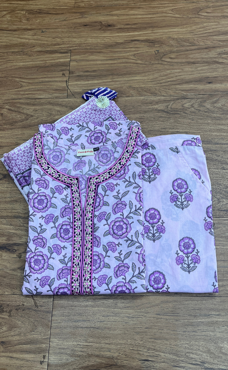 Lavender Garden Jaipur Cotton Kurti With Pant And Dupatta Set  .Pure Versatile Cotton. | Laces and Frills - Laces and Frills