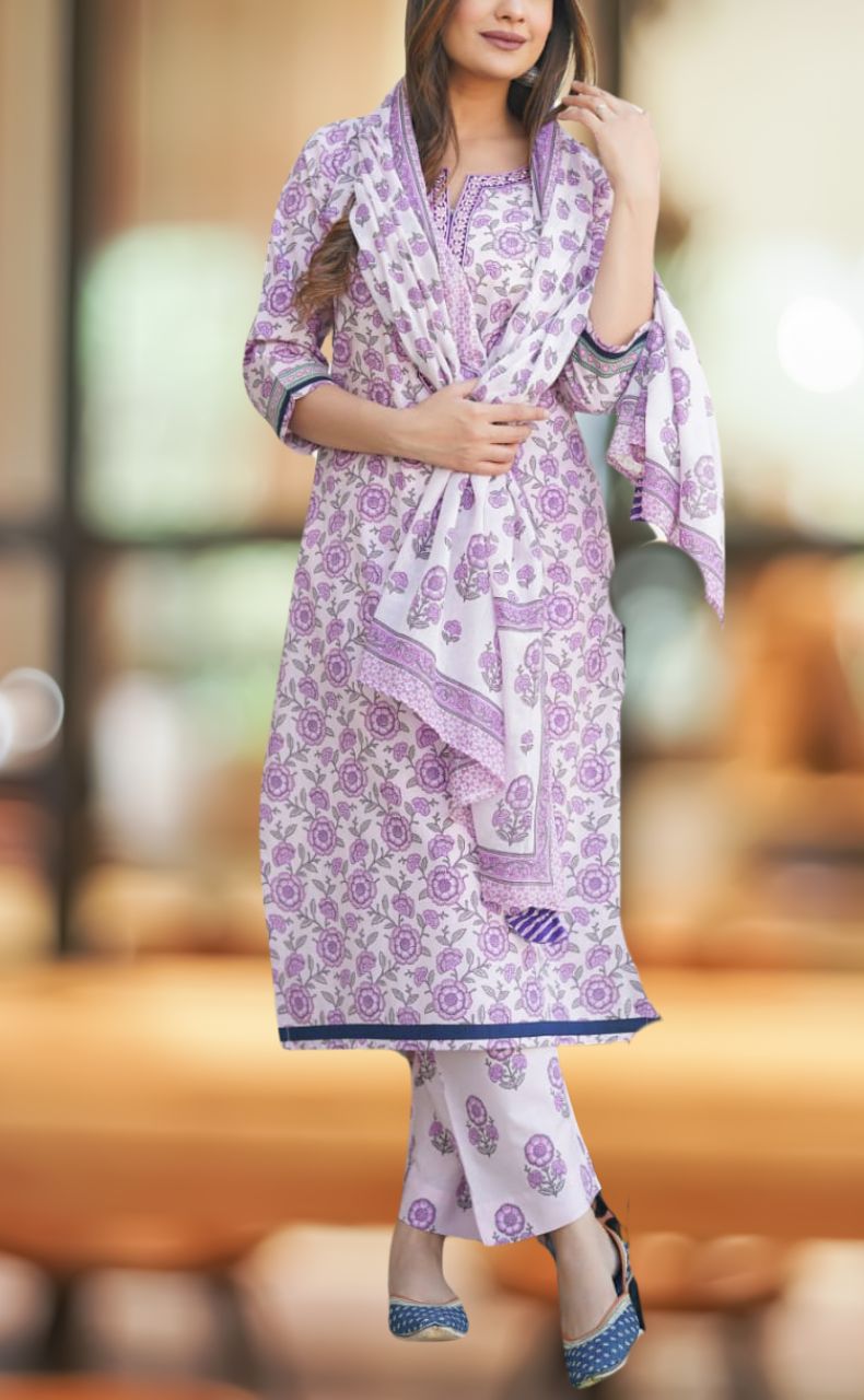 Lavender Garden Jaipur Cotton Kurti With Pant And Dupatta Set  .Pure Versatile Cotton. | Laces and Frills - Laces and Frills