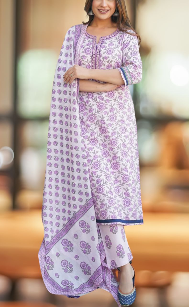 Lavender Garden Jaipur Cotton Kurti With Pant And Dupatta Set  .Pure Versatile Cotton. | Laces and Frills - Laces and Frills