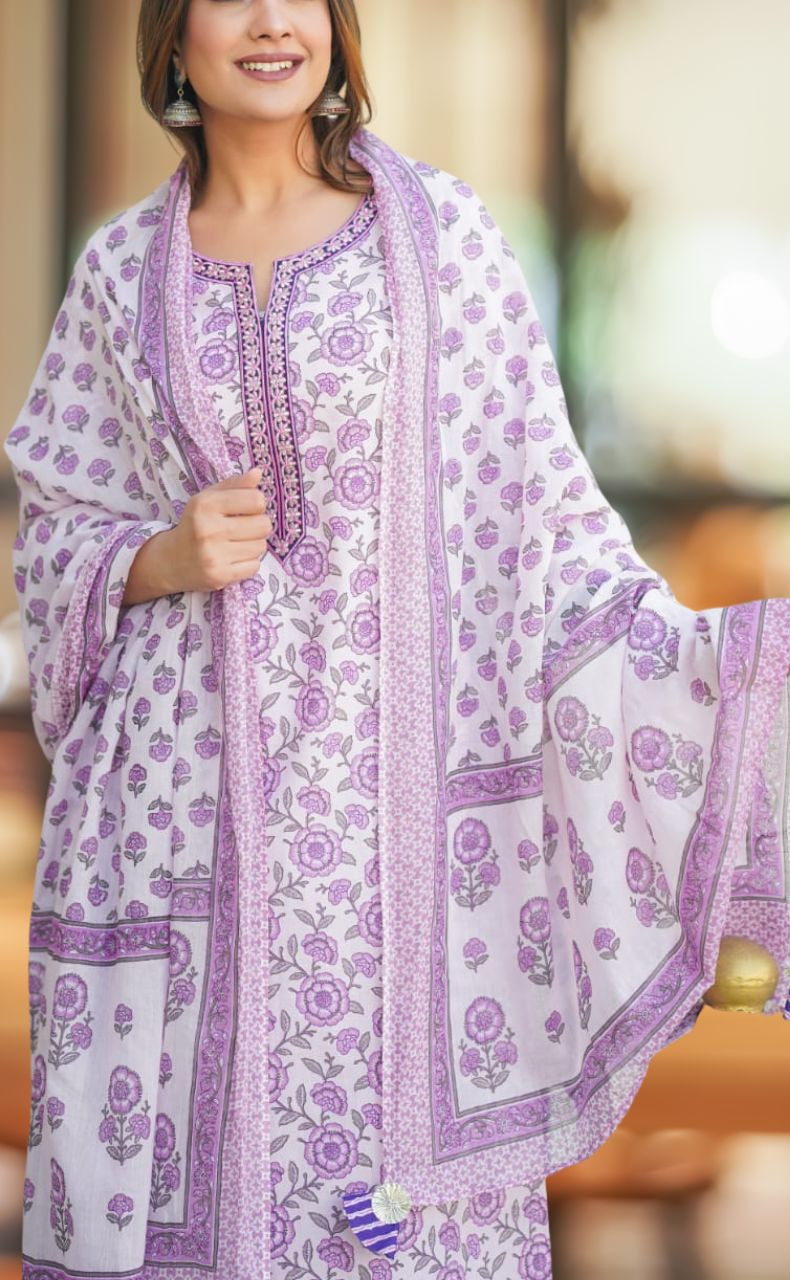 Lavender Garden Jaipur Cotton Kurti With Pant And Dupatta Set  .Pure Versatile Cotton. | Laces and Frills - Laces and Frills