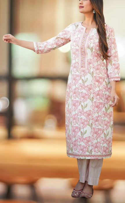 Light Onion Pink Garden Jaipur Cotton Kurti With Pant And Dupatta Set  .Pure Versatile Cotton. | Laces and Frills - Laces and Frills