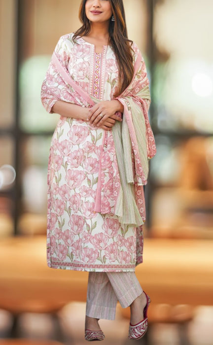 Light Onion Pink Garden Jaipur Cotton Kurti With Pant And Dupatta Set  .Pure Versatile Cotton. | Laces and Frills - Laces and Frills