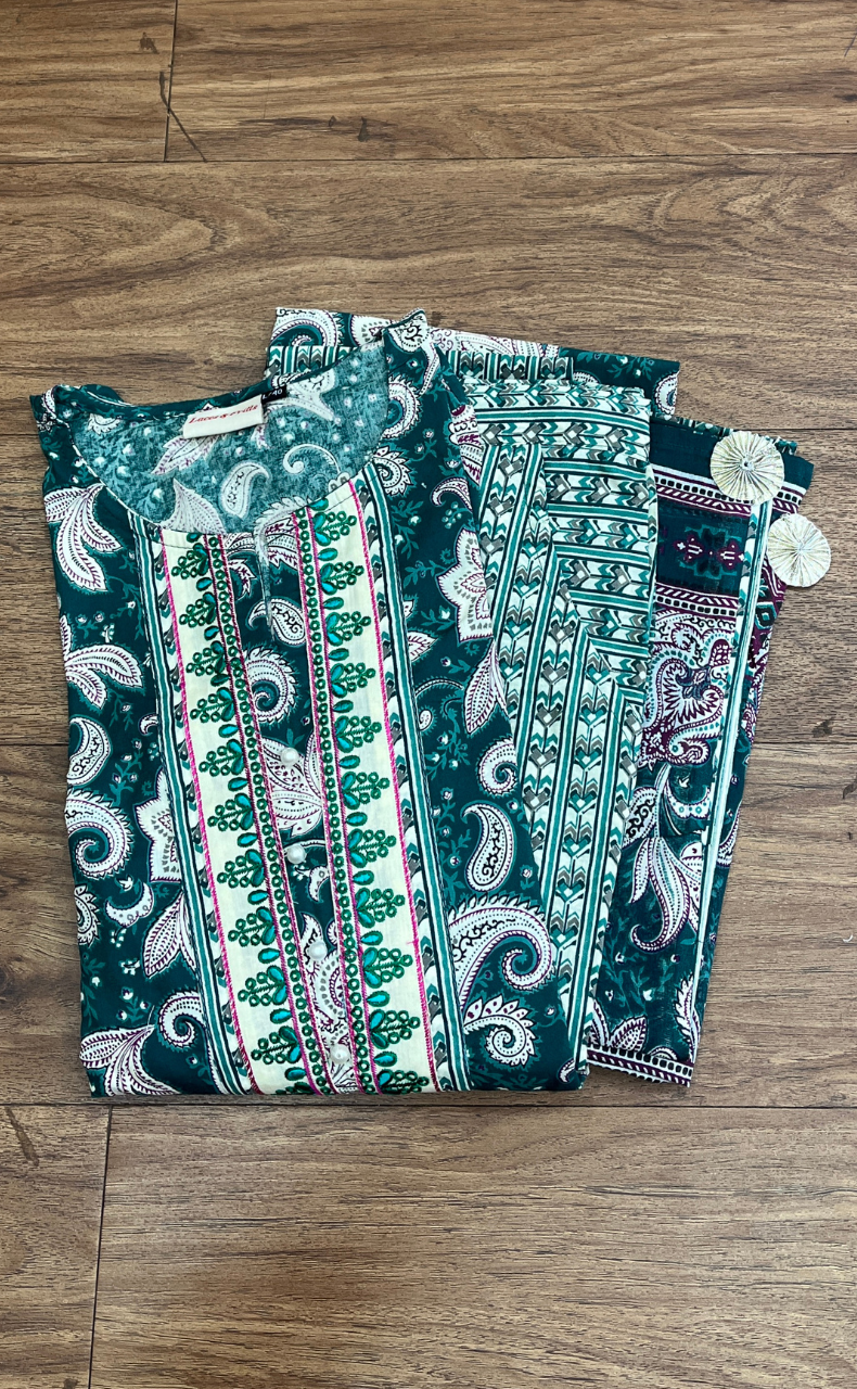 Teal Green Floral Jaipur Cotton Kurti With Pant And Dupatta Set  .Pure Versatile Cotton. | Laces and Frills - Laces and Frills