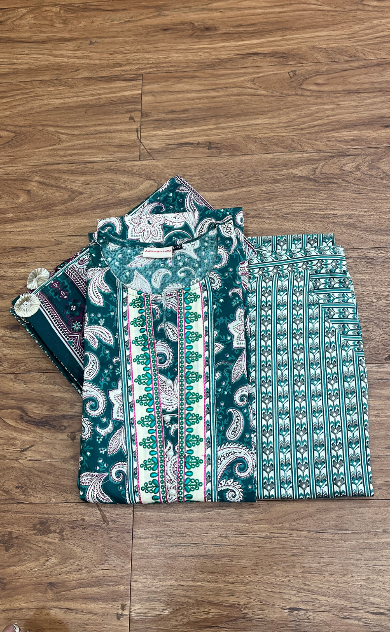 Teal Green Floral Jaipur Cotton Kurti With Pant And Dupatta Set  .Pure Versatile Cotton. | Laces and Frills - Laces and Frills
