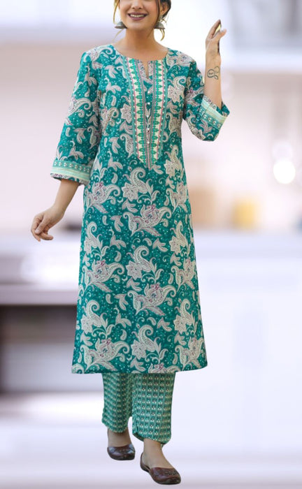 Teal Green Floral Jaipur Cotton Kurti With Pant And Dupatta Set  .Pure Versatile Cotton. | Laces and Frills - Laces and Frills