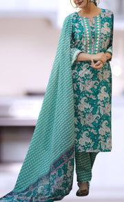 Teal Green Floral Jaipur Cotton Kurti With Pant And Dupatta Set  .Pure Versatile Cotton. | Laces and Frills - Laces and Frills