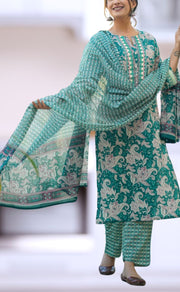 Teal Green Floral Jaipur Cotton Kurti With Pant And Dupatta Set  .Pure Versatile Cotton. | Laces and Frills - Laces and Frills