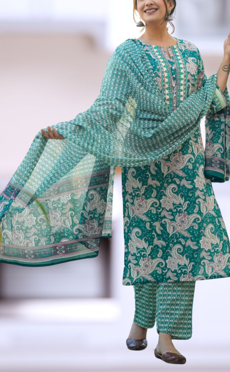 Teal Green Floral Jaipur Cotton Kurti With Pant And Dupatta Set  .Pure Versatile Cotton. | Laces and Frills - Laces and Frills