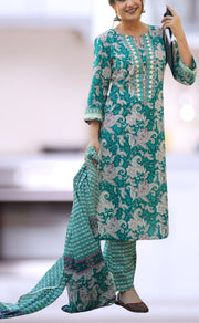 Teal Green Floral Jaipur Cotton Kurti With Pant And Dupatta Set  .Pure Versatile Cotton. | Laces and Frills - Laces and Frills