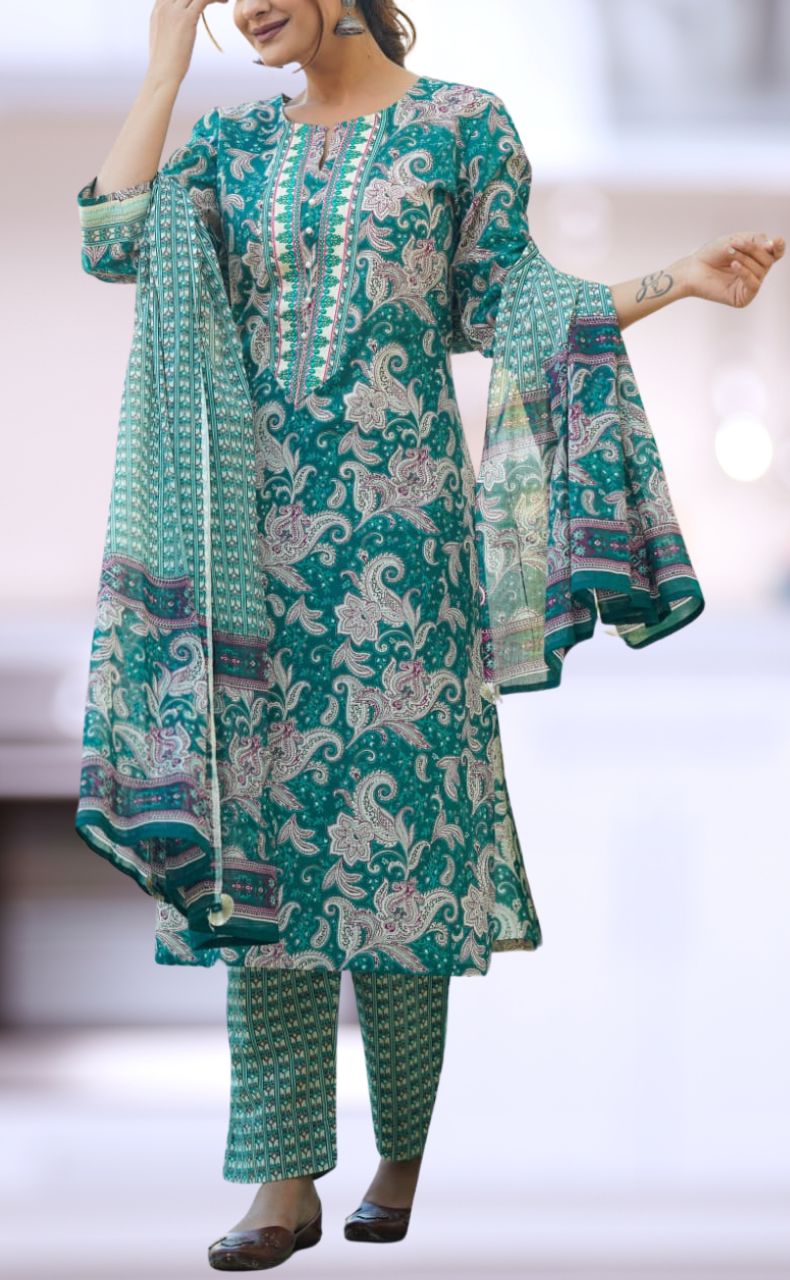 Teal Green Floral Jaipur Cotton Kurti With Pant And Dupatta Set  .Pure Versatile Cotton. | Laces and Frills - Laces and Frills