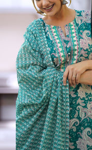 Teal Green Floral Jaipur Cotton Kurti With Pant And Dupatta Set  .Pure Versatile Cotton. | Laces and Frills - Laces and Frills