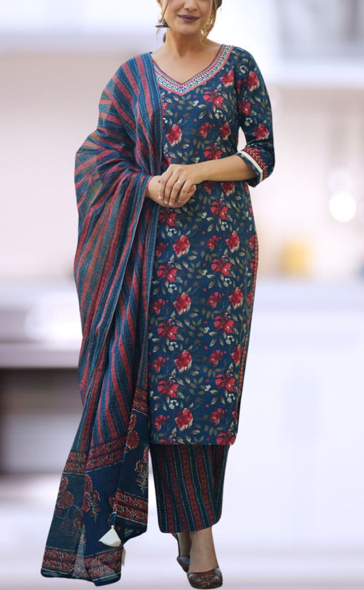 Navy Blue Floral Jaipur Cotton Kurti With Pant And Dupatta Set  .Pure Versatile Cotton. | Laces and Frills - Laces and Frills