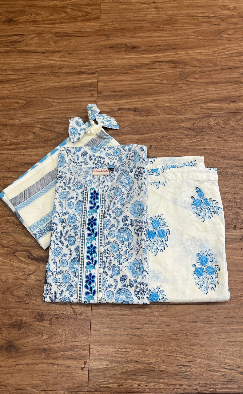 White/Blue Floral Jaipur Cotton Kurti With Pant And Dupatta Set  .Pure Versatile Cotton. | Laces and Frills - Laces and Frills