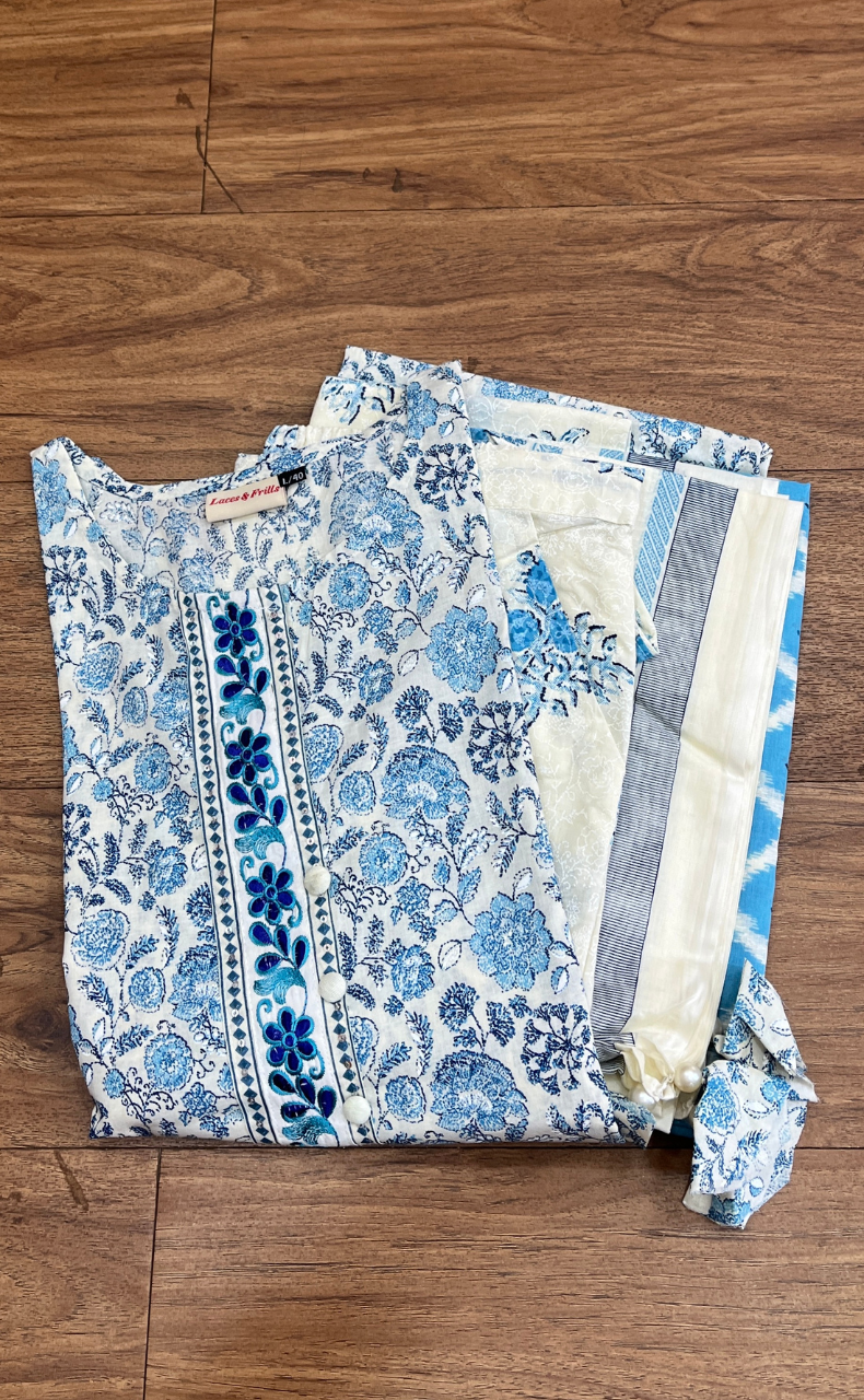 White/Blue Floral Jaipur Cotton Kurti With Pant And Dupatta Set  .Pure Versatile Cotton. | Laces and Frills - Laces and Frills
