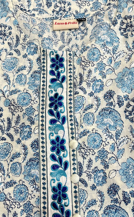 White/Blue Floral Jaipur Cotton Kurti With Pant And Dupatta Set  .Pure Versatile Cotton. | Laces and Frills - Laces and Frills
