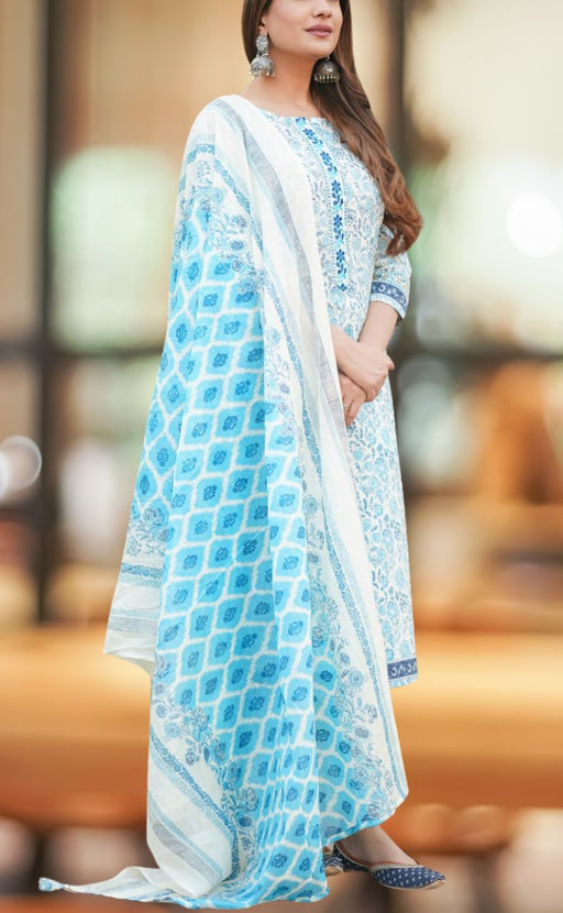 White/Blue Floral Jaipur Cotton Kurti With Pant And Dupatta Set  .Pure Versatile Cotton. | Laces and Frills - Laces and Frills
