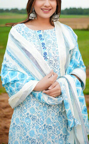 White/Blue Floral Jaipur Cotton Kurti With Pant And Dupatta Set  .Pure Versatile Cotton. | Laces and Frills - Laces and Frills