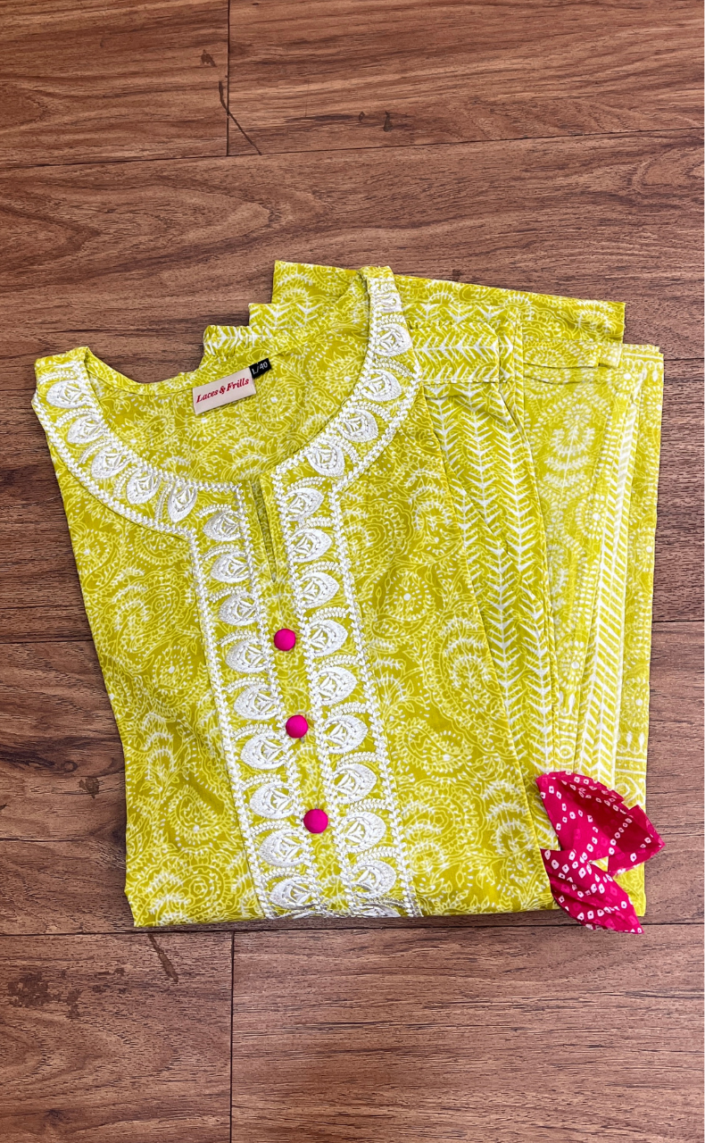 Yellow Garden Jaipur Cotton Kurti With Pant And Dupatta Set  .Pure Versatile Cotton. | Laces and Frills - Laces and Frills