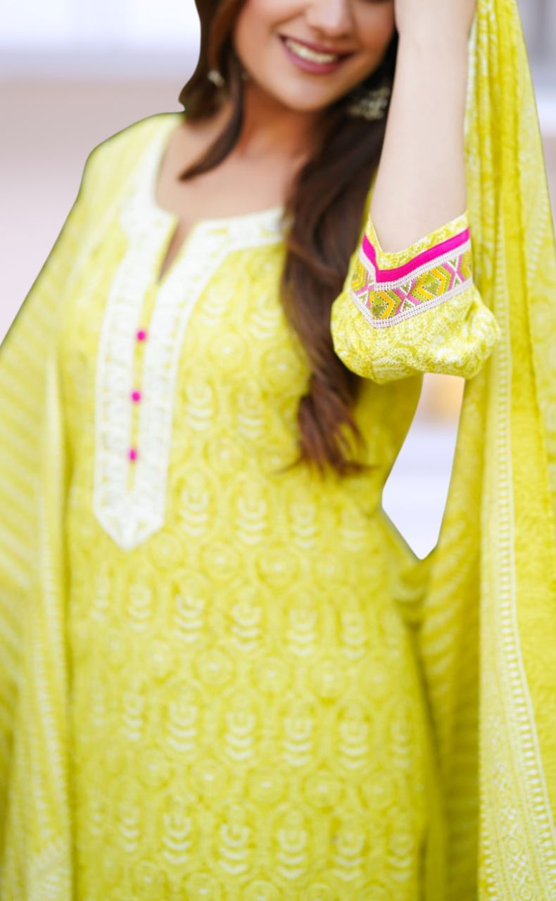 Yellow Garden Jaipur Cotton Kurti With Pant And Dupatta Set  .Pure Versatile Cotton. | Laces and Frills - Laces and Frills