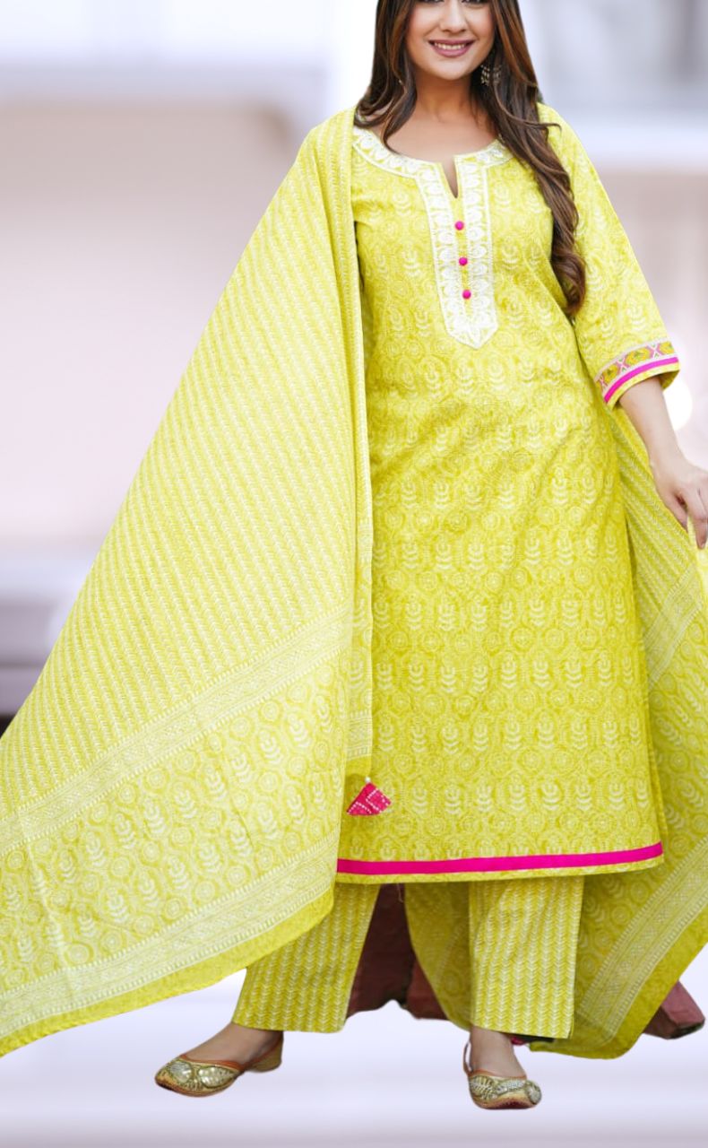 Yellow Garden Jaipur Cotton Kurti With Pant And Dupatta Set  .Pure Versatile Cotton. | Laces and Frills - Laces and Frills