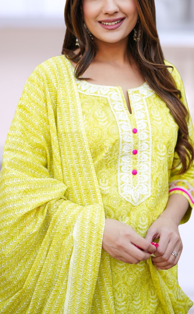 Yellow Garden Jaipur Cotton Kurti With Pant And Dupatta Set  .Pure Versatile Cotton. | Laces and Frills - Laces and Frills