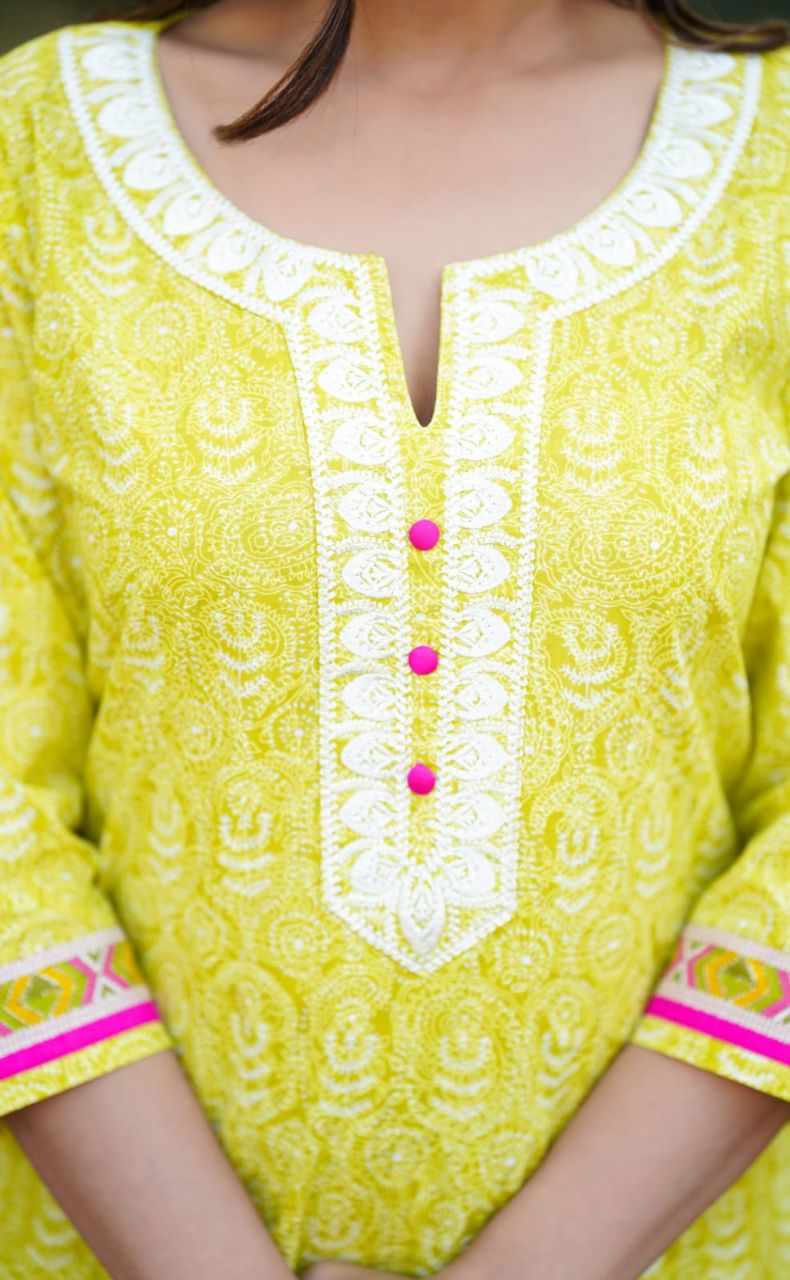 Yellow Garden Jaipur Cotton Kurti With Pant And Dupatta Set  .Pure Versatile Cotton. | Laces and Frills - Laces and Frills