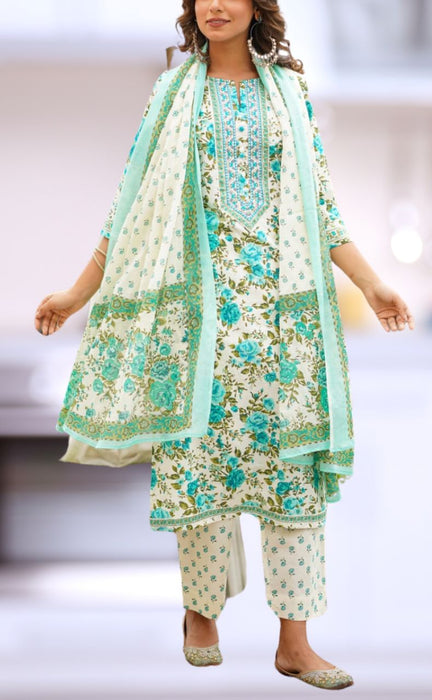 White/Sea Green Garden Jaipur Cotton Kurti With Pant And Dupatta Set  .Pure Versatile Cotton. | Laces and Frills - Laces and Frills