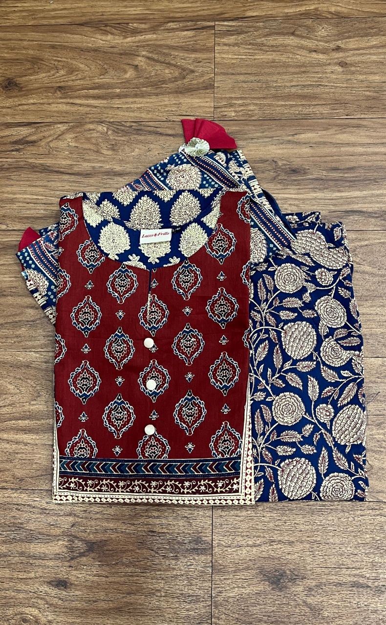Navy Blue/Maroon Jaipur Cotton Kurti With Pant And Dupatta Set  .Pure Versatile Cotton. | Laces and Frills - Laces and Frills
