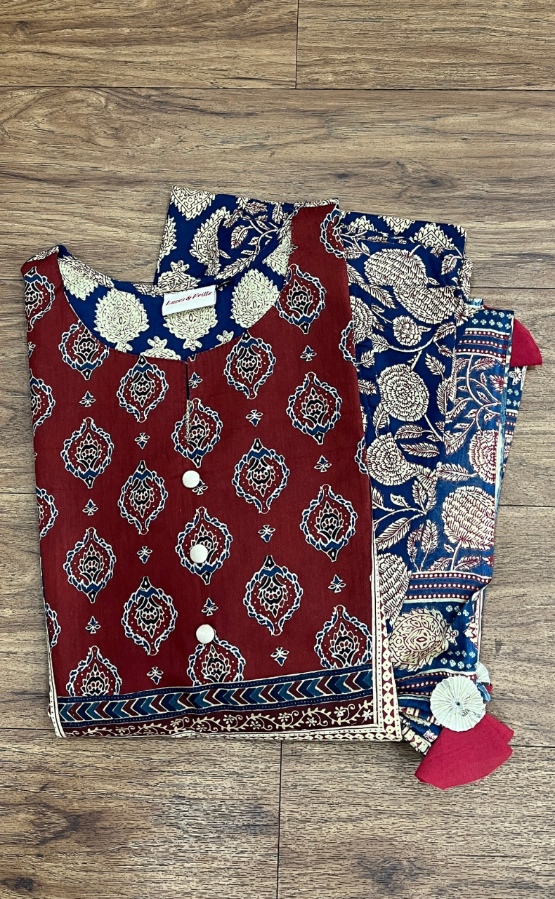 Navy Blue/Maroon Jaipur Cotton Kurti With Pant And Dupatta Set  .Pure Versatile Cotton. | Laces and Frills - Laces and Frills