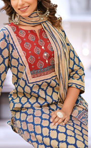 Navy Blue/Maroon Jaipur Cotton Kurti With Pant And Dupatta Set  .Pure Versatile Cotton. | Laces and Frills - Laces and Frills