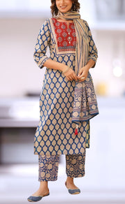 Navy Blue/Maroon Jaipur Cotton Kurti With Pant And Dupatta Set  .Pure Versatile Cotton. | Laces and Frills - Laces and Frills