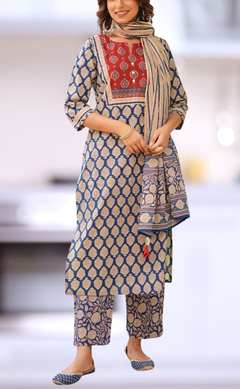 Navy Blue/Maroon Jaipur Cotton Kurti With Pant And Dupatta Set  .Pure Versatile Cotton. | Laces and Frills - Laces and Frills