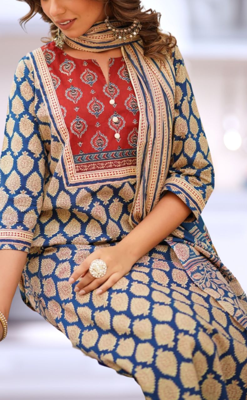 Navy Blue/Maroon Jaipur Cotton Kurti With Pant And Dupatta Set  .Pure Versatile Cotton. | Laces and Frills - Laces and Frills