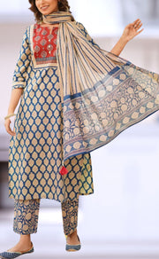 Navy Blue/Maroon Jaipur Cotton Kurti With Pant And Dupatta Set  .Pure Versatile Cotton. | Laces and Frills - Laces and Frills