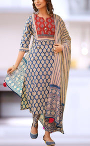 Navy Blue/Maroon Jaipur Cotton Kurti With Pant And Dupatta Set  .Pure Versatile Cotton. | Laces and Frills - Laces and Frills